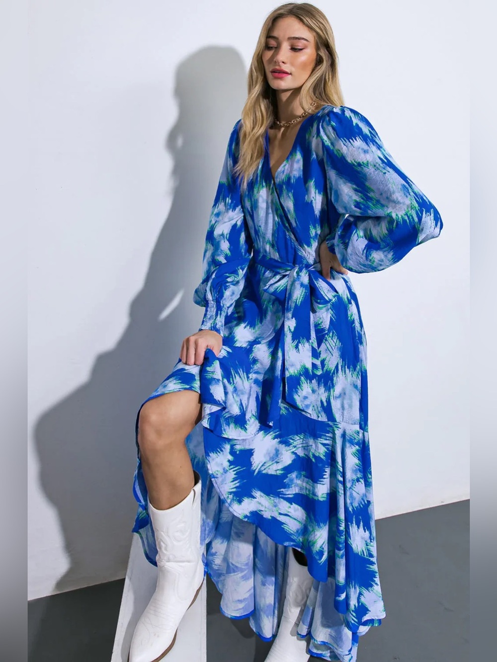 Flying Tomato Long Sleeve Maxi High Low Ruffled Hemline Wrap Dress Size M